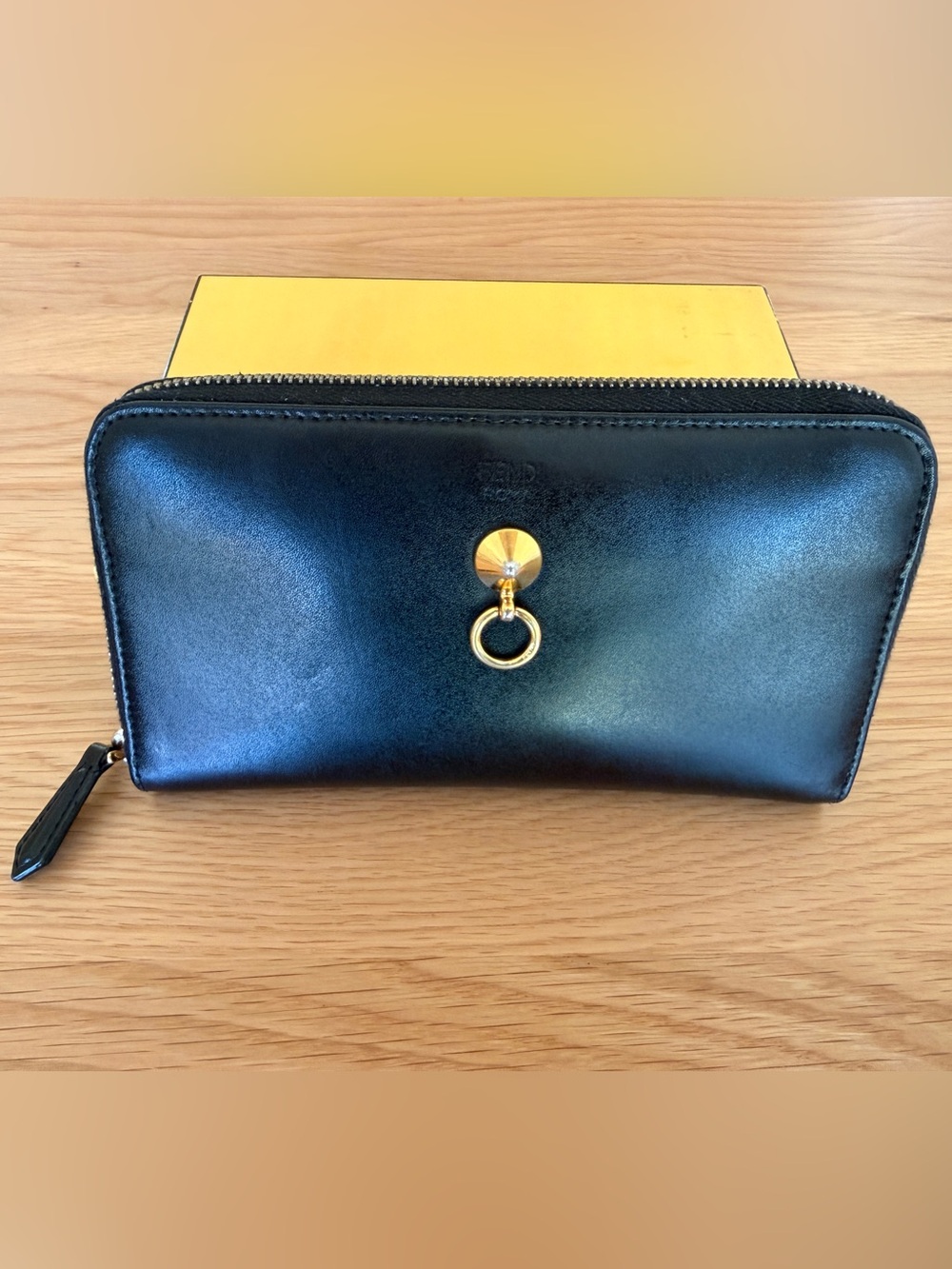 Fendi Black Leather Zip Around Continental Wallet Gold Hardware w/ Box